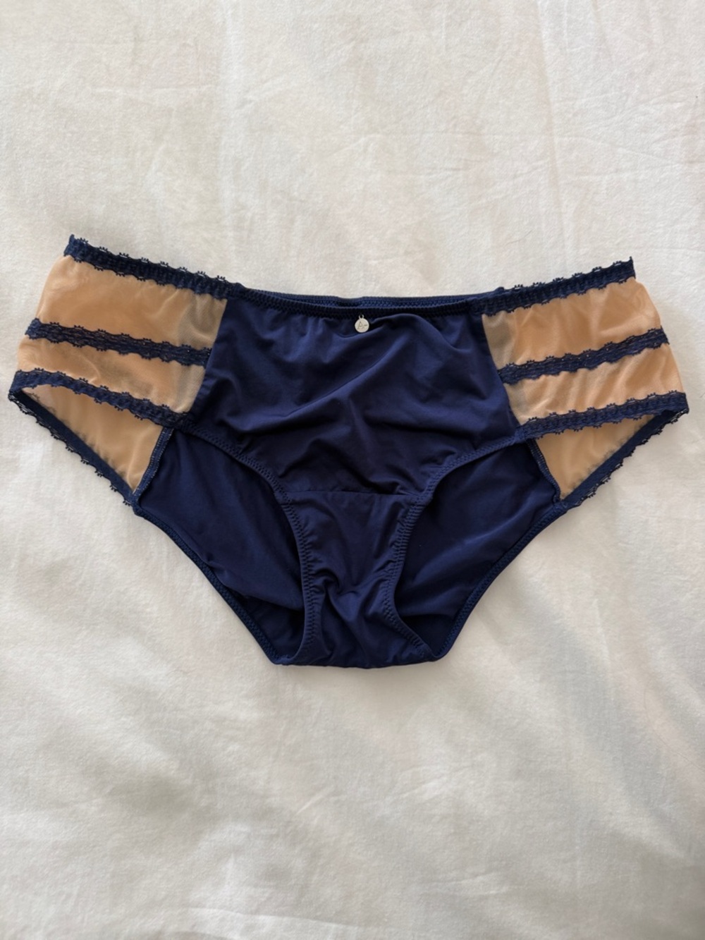 Adore Me Navy and Beige Lace-Trim Bikini Panty
